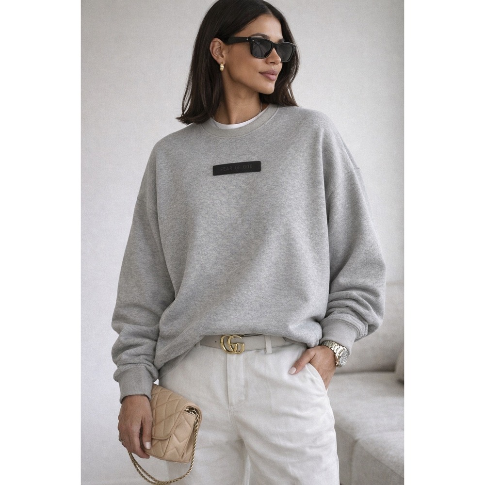 Fear of God Essentials Grey Crewneck Sweatshirt Oversized Logo Fleece‎ Large